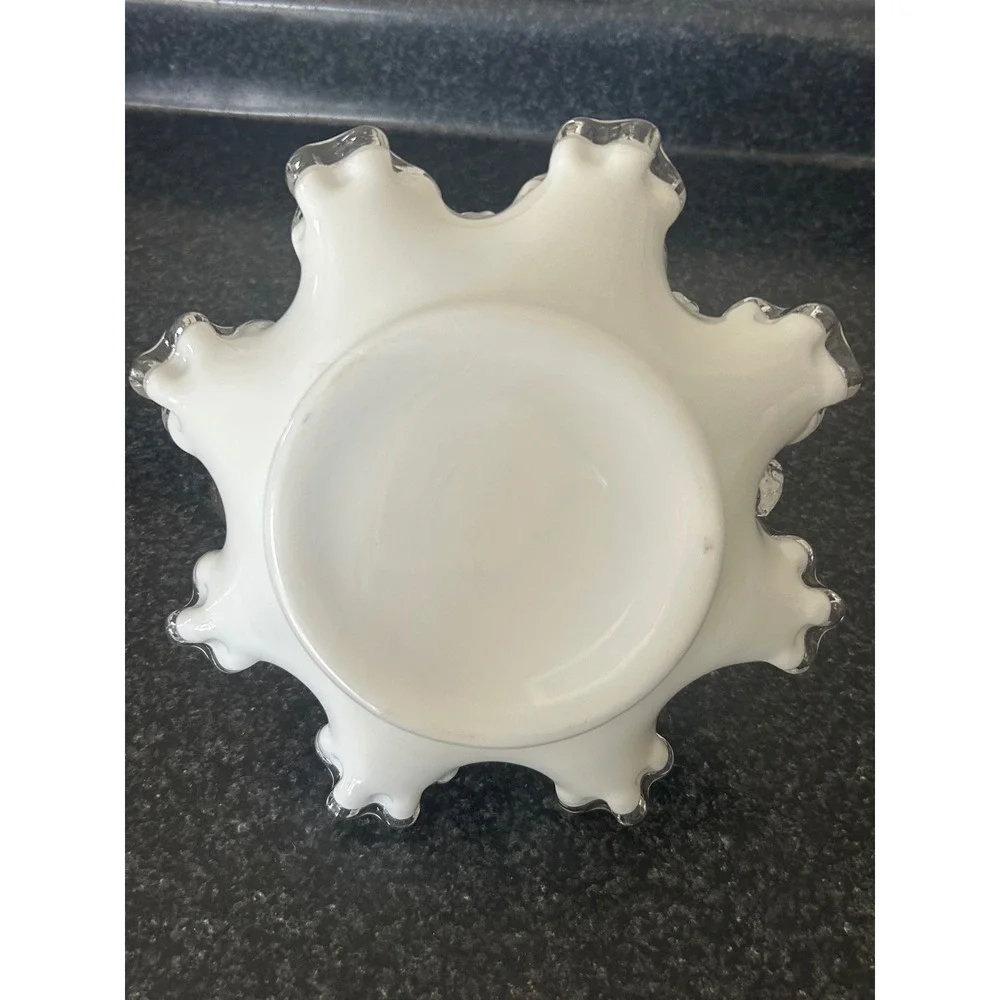 Vintage White Milk Glass Basket Clear Ruffled Edge Twisted Handle Candy Dish